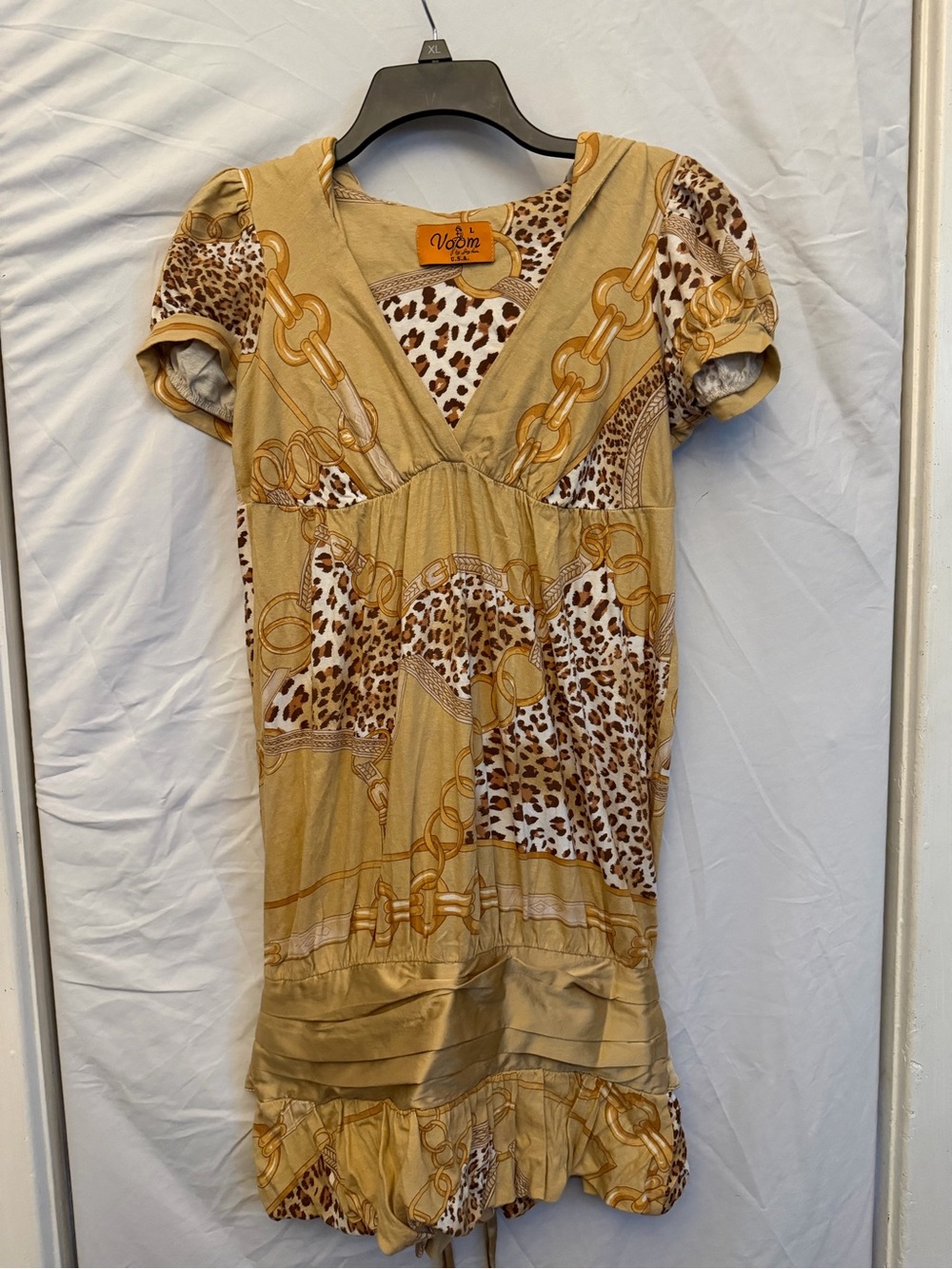L Voom Ladies 100% Silk Trimmed Ruched Gold & Leopard Print Mini Dress